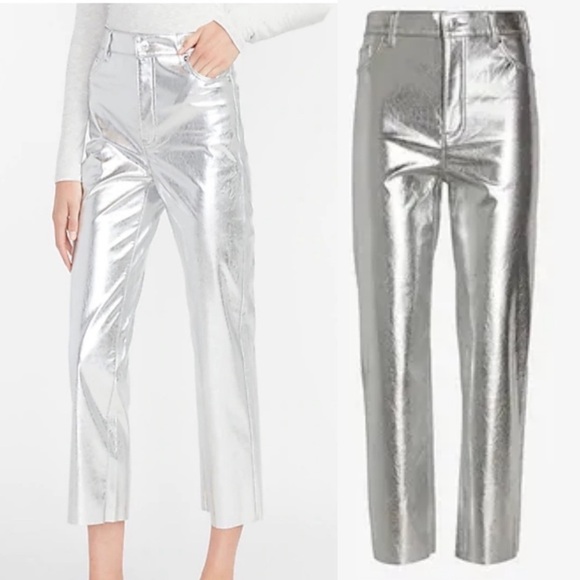 Express NWT Faux Leather Silver Straight Cropped Metallic Silver Pant 00 - Picture 1 of 8